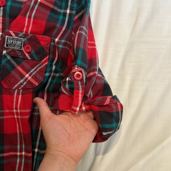 SUPERDRY Red and Green Plaid Button Down Shirt/ Women/ Size small - Picture 7 of 9
